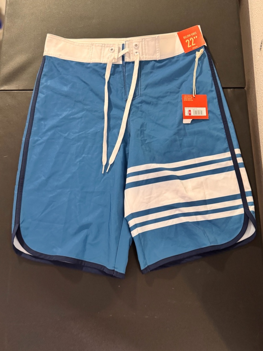 Men's Light Blue Swim Board Shorts with White Waist and Stripe Detail